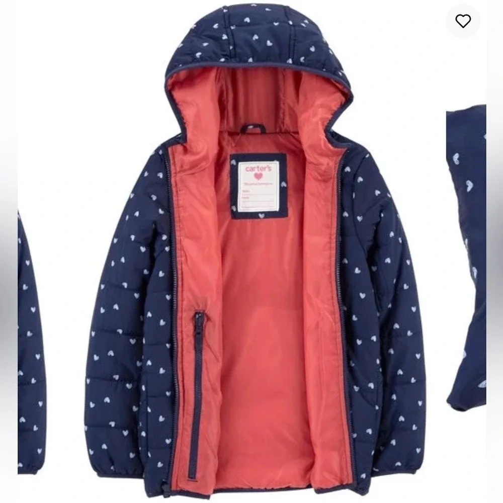 Carter's Puffer‎ Jacket Girls 10 Navy Blue Heart Print Hooded Quilted Coat